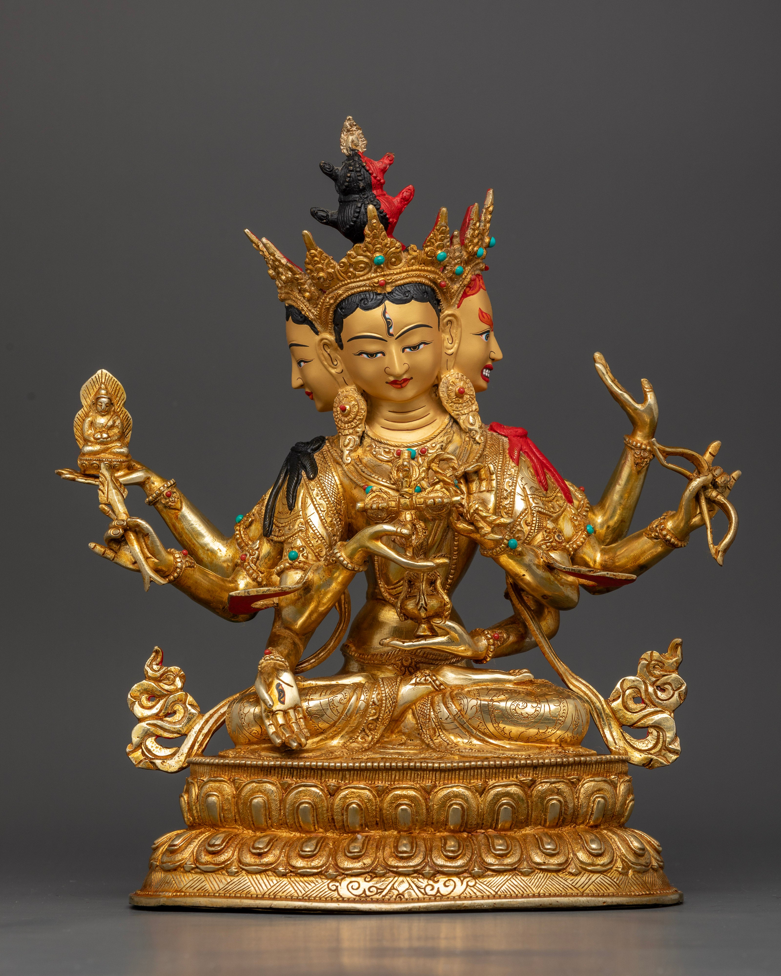 Namgyalma Statue with 24K Gold Fire Gilding and Three Faces from Nepal