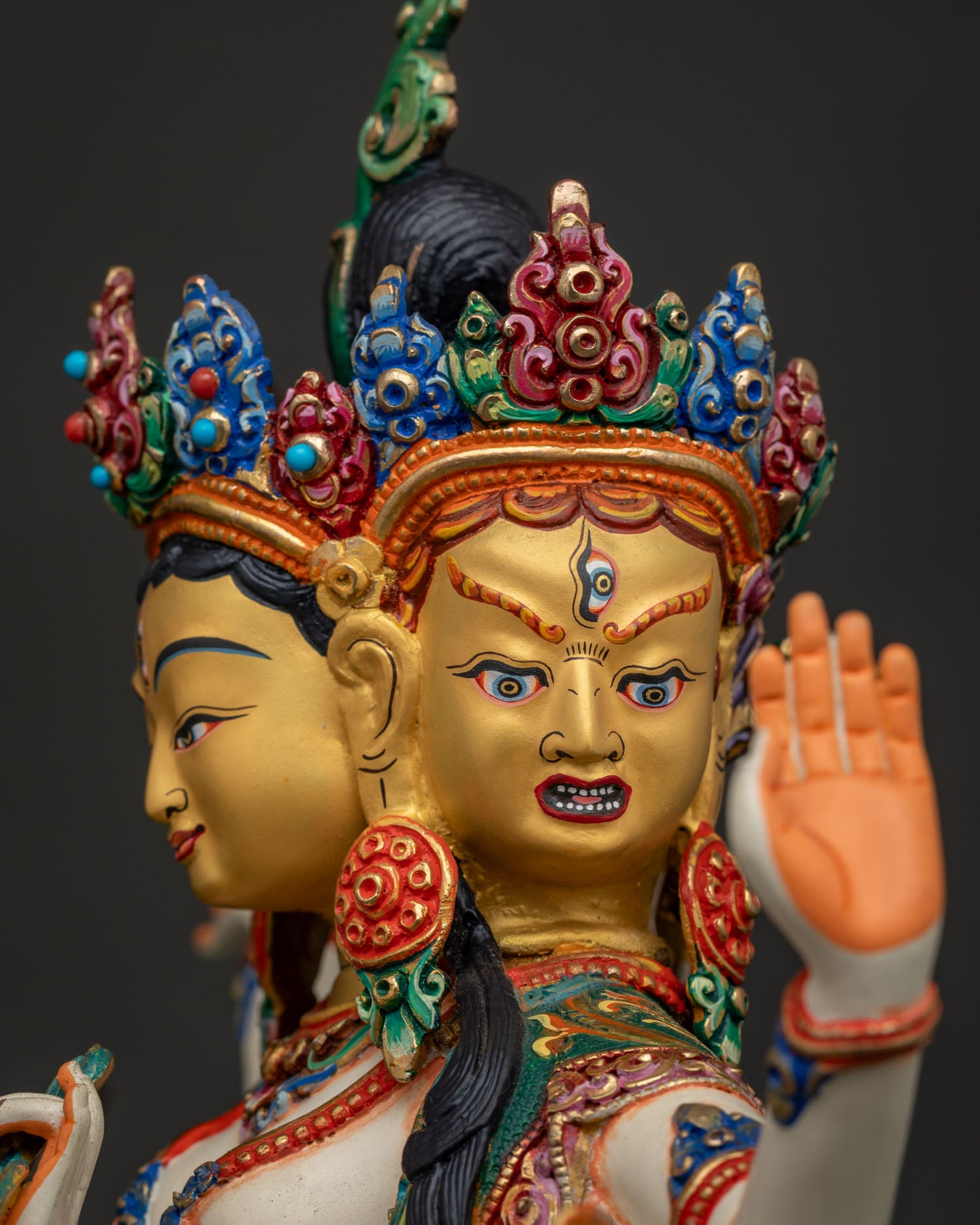 Namgyalma Ushnishavijaya statue side close-up, hand carved copper detailing