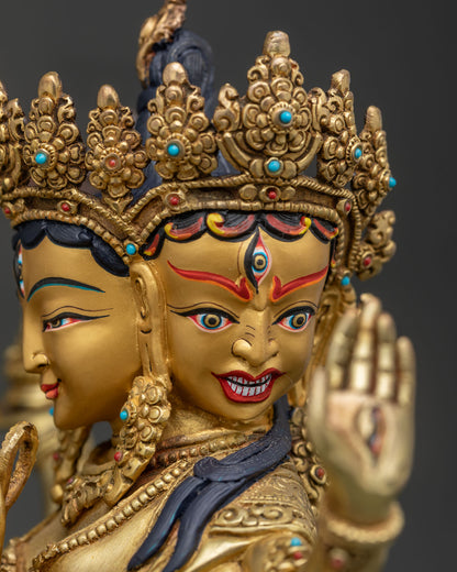 Namgyalma Wrathful Face Close Up on Gold Fire Gilded Copper Buddhist Statue.