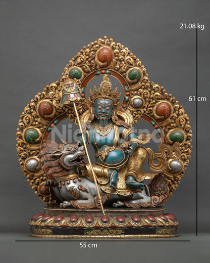 Namtoshe Statue front view, gold-gilded copper Buddhist guardian seated on snow lion