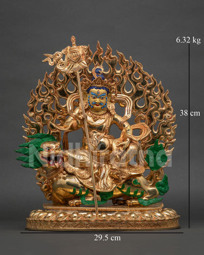 Namtoshe Statue front view, Nepalese copper gold gilded Vaishravana seated on snow lion with flame halo