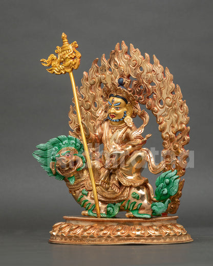 Namtoshe Statue left side view snow lion lotus pedestal gold gilded copper.