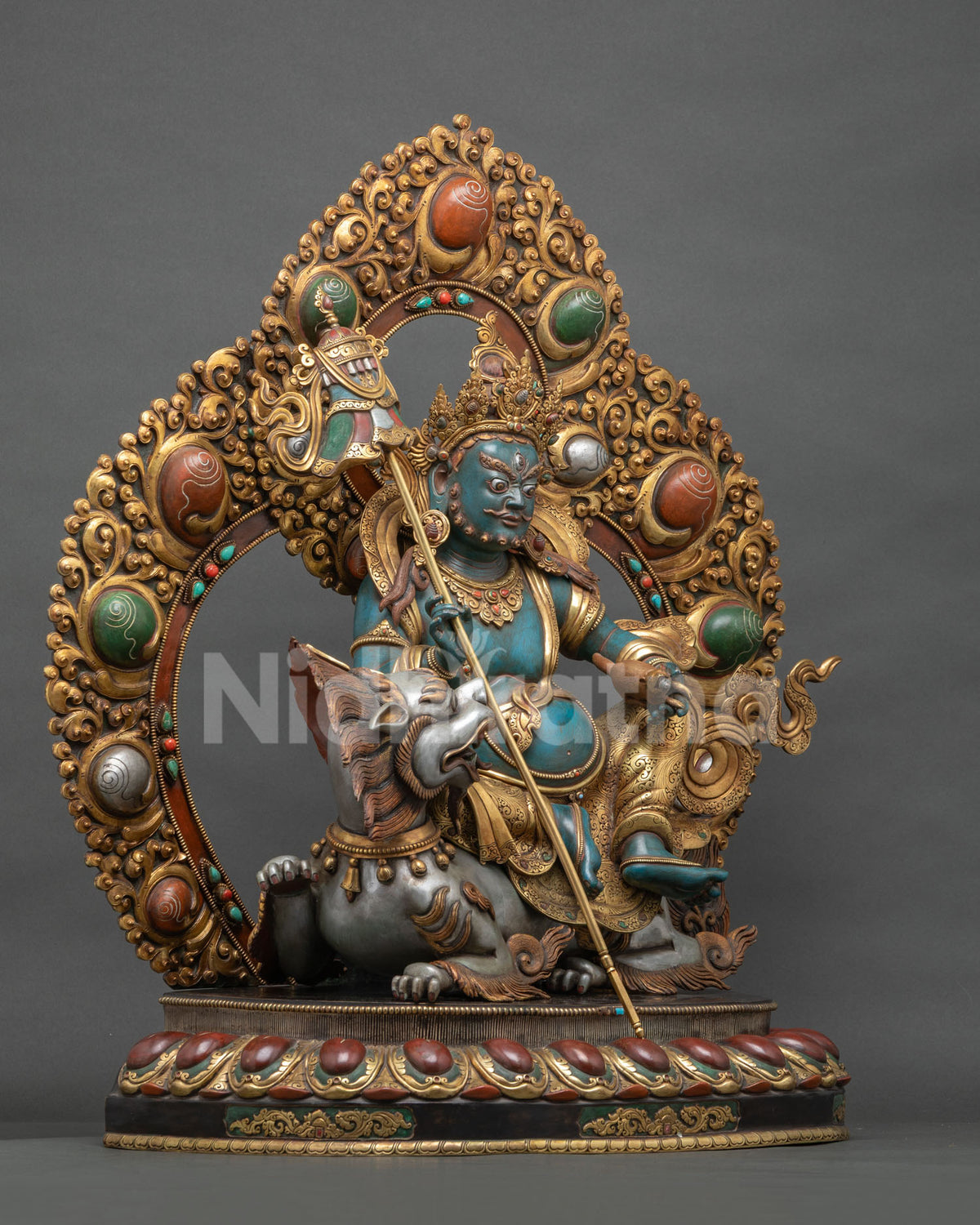 Namtoshe Statue right side view with victory banner, snow lion and flaming halo