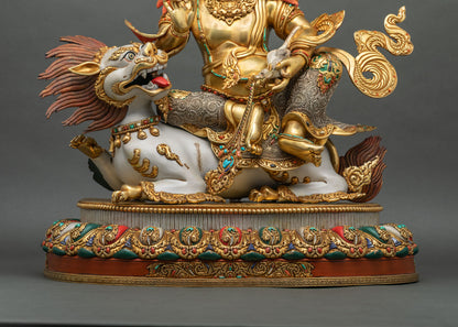 Namtoshe statue with snow lion and lotus base inlaid with turquoise and coral, handmade in Patan, Nepal