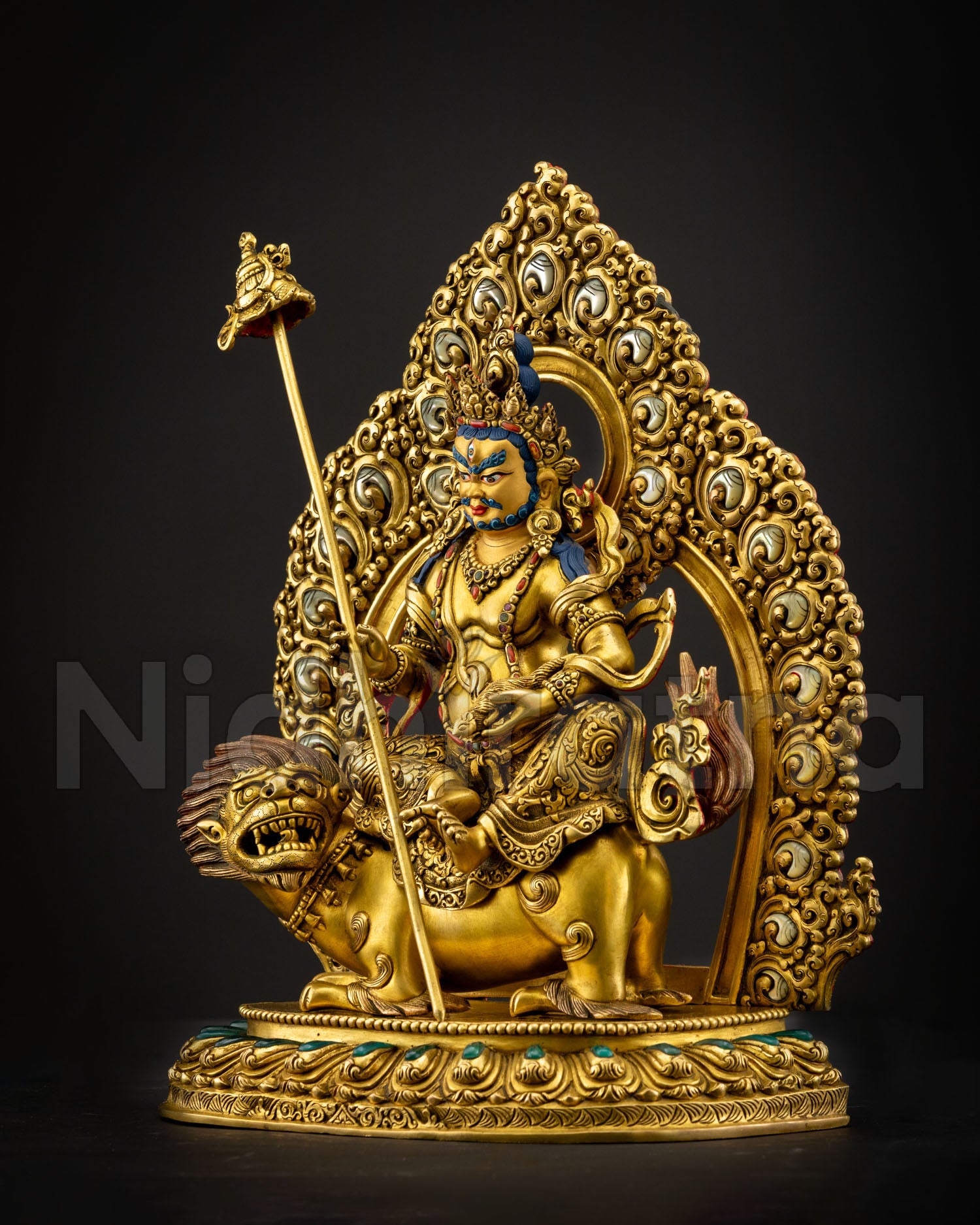Namtoshe wealth deity statue, seated on a snow lion lotus throne with a hollow meditation chamber representing abundance, protection, and spiritual blessings