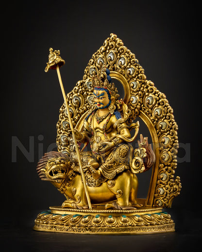 Namtoshe wealth deity statue, seated on a snow lion lotus throne with a hollow meditation chamber representing abundance, protection, and spiritual blessings