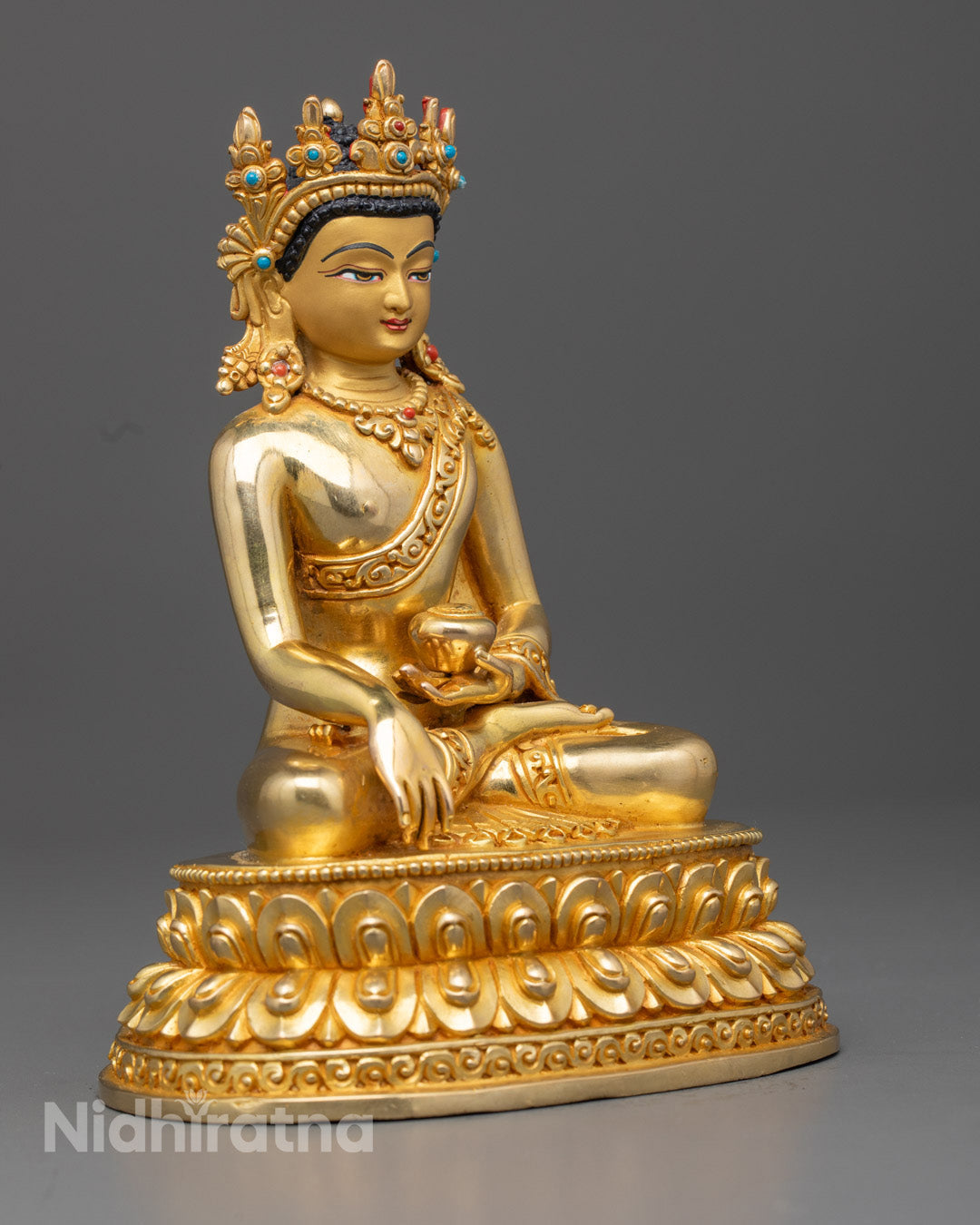 &nbsp;Crowned Buddha Shakyamuni&nbsp;Statue with Crown – 24K Gold-Plated Himalayan Centerpiece