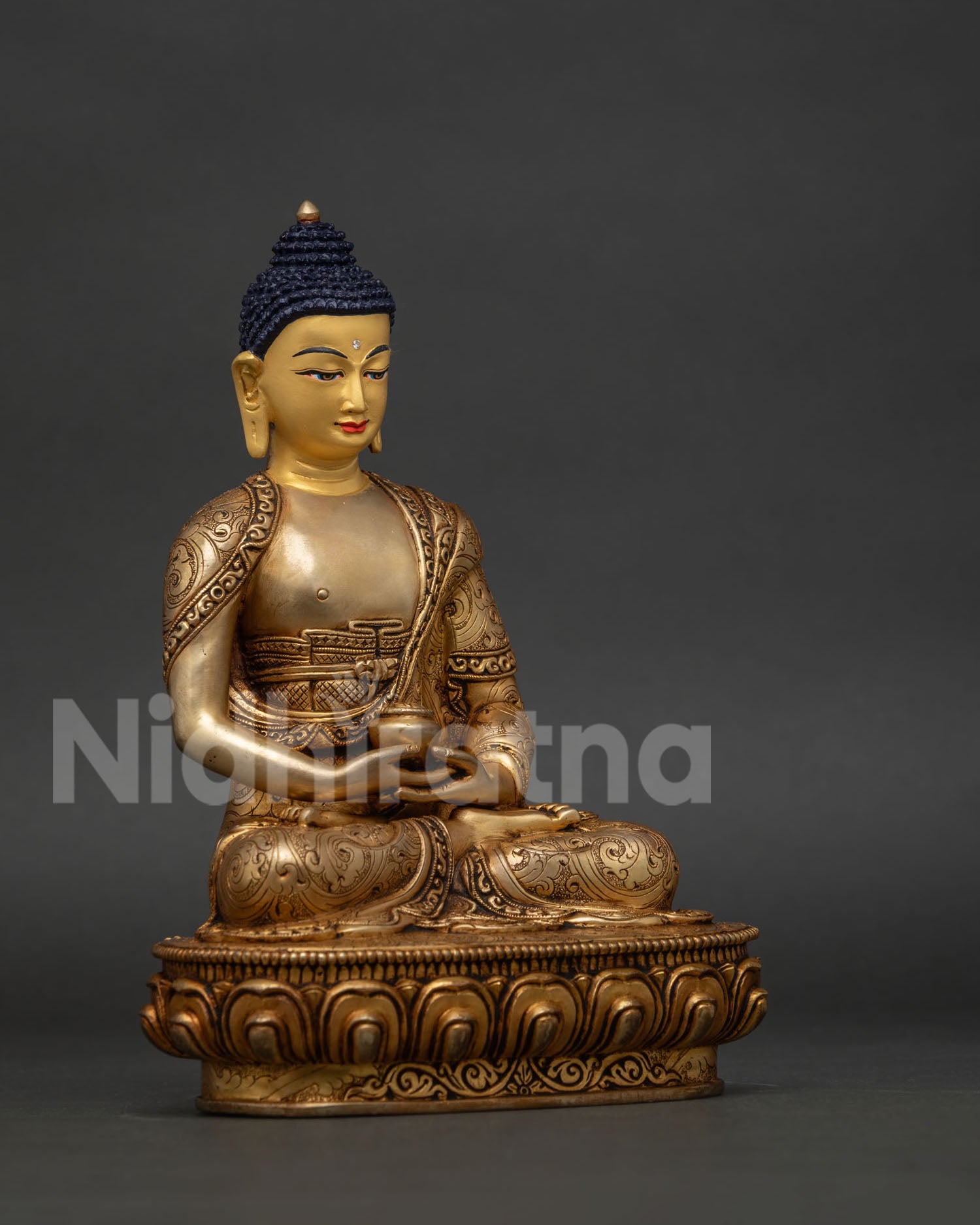 Nepalese Amitabha Buddha sculpture with hand carved floral motifs and Dhyana Mudra.