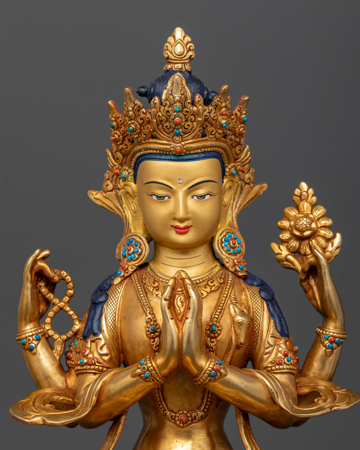 Nepalese Avalokiteshvara Statue with Gold Painted Face and Newari Carved Details