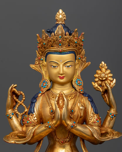Nepalese Avalokiteshvara Statue with Gold Painted Face and Newari Carved Details