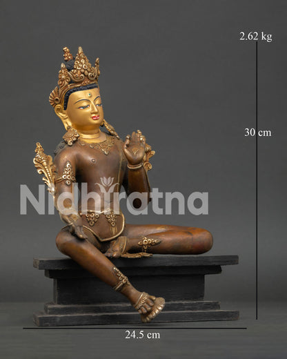 Nepalese Bodhisattva copper statue with serene face and intricate sacred ornaments