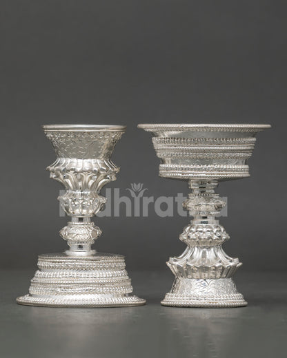 Nepalese Buddhist Butter Lamp with silver plated finish for sacred offerings.
