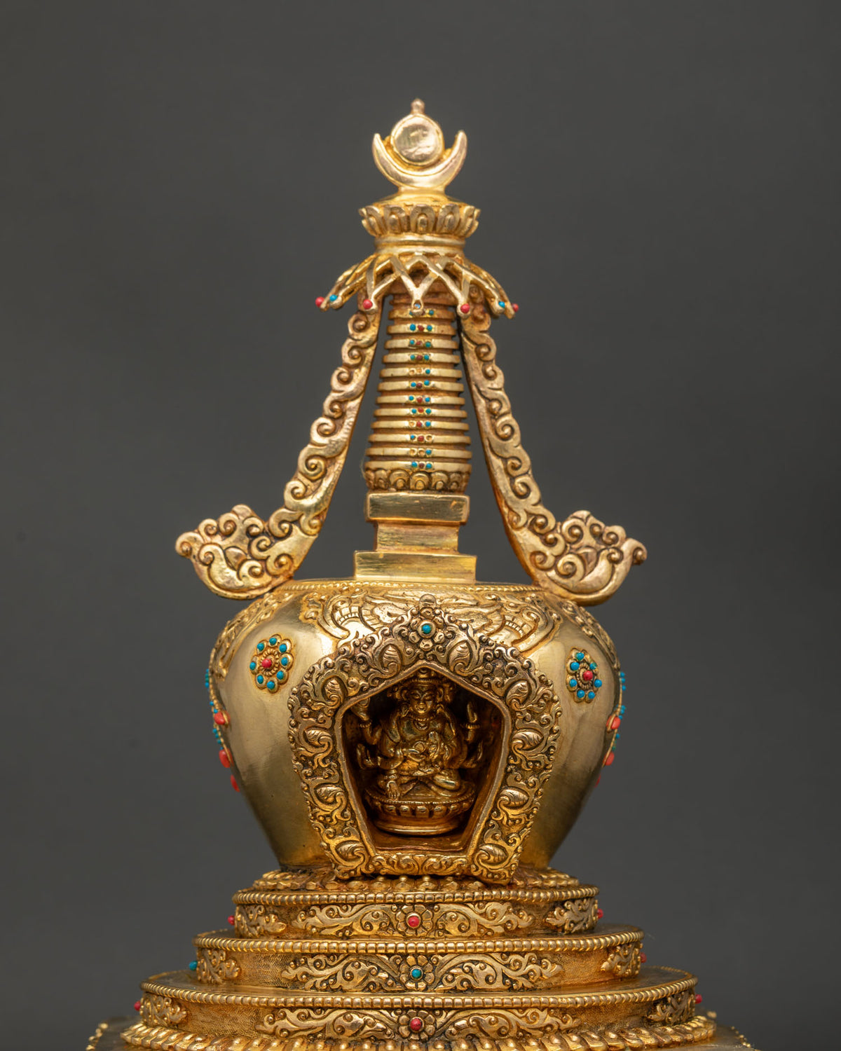 Nepalese Buddhist Stupa featuring a miniature Namgyalma deity figure