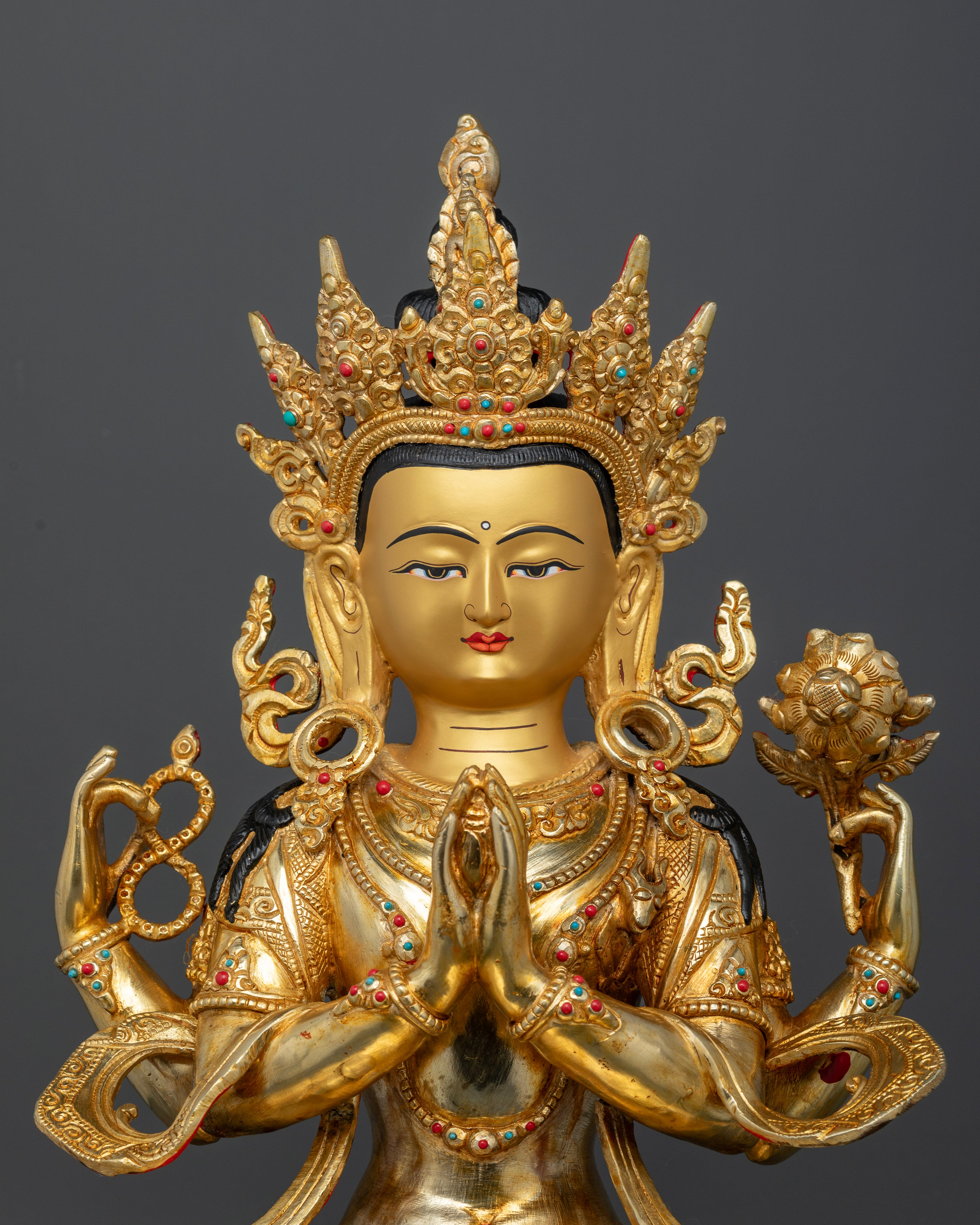 Nepalese Chenrezig Buddha Statue with Gold Painted Face and Semi Precious Stone Decoration