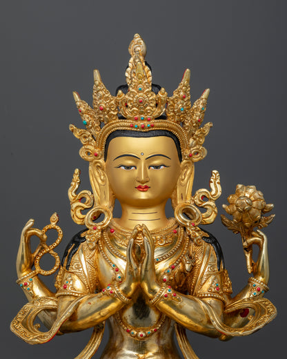 Nepalese Chenrezig Buddha Statue with Gold Painted Face and Semi Precious Stone Decoration