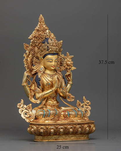 Nepalese Chenrezig Statue with Five-Jewel Crown and Floral Halo.