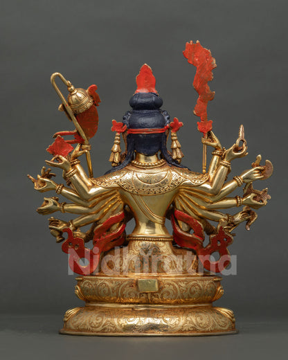 Nepalese Chundi Bodhisattva sculpture with sacred ritual implements and gold gilding