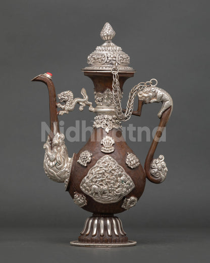 Nepalese copper ritual tea pot with dragon handle and intricate silver plated filigree details