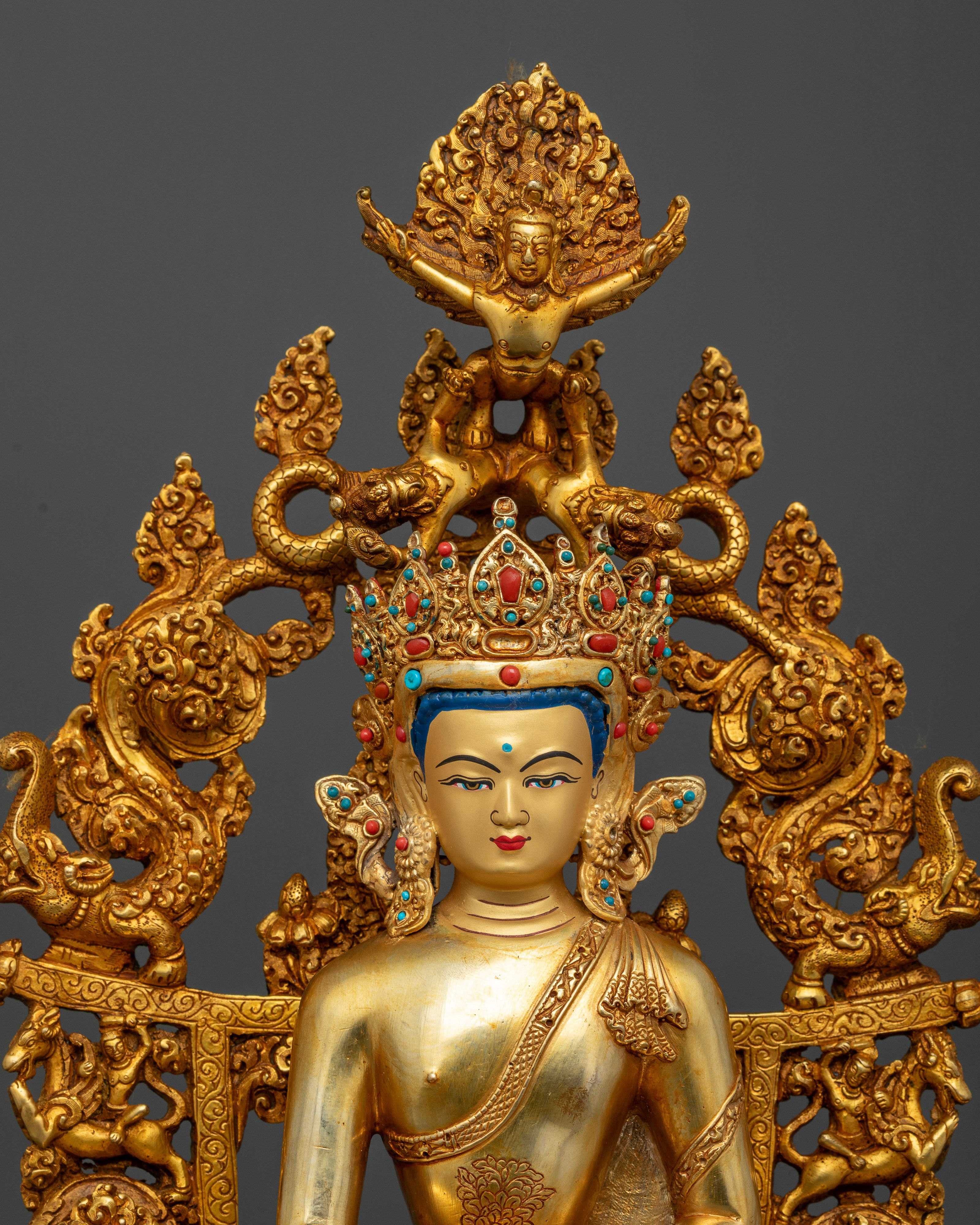 Nepalese Crowned Buddha Statue with Gold Painted Face Five Jeweled Crown and Sacred Throne