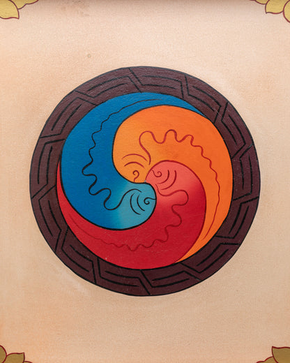 Nepalese decorative wooden tray featuring colorful Gakhyil Wheel of Joy design.