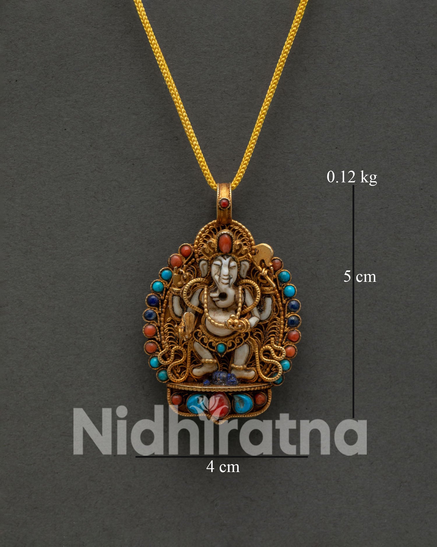Nepalese Ganesh Locket with Gold Plated Copper and Turquoise Coral Stone Inlay