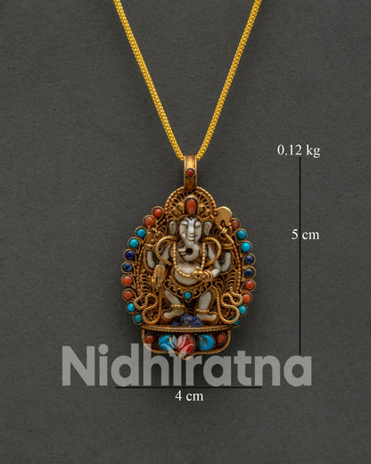 Nepalese Ganesh Locket with Gold Plated Copper and Turquoise Coral Stone Inlay