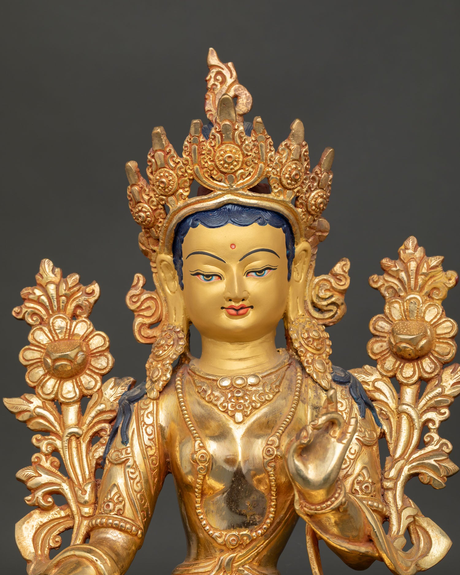 Nepalese Green Tara sculpture spiritual altar art in gold gilded .details. 