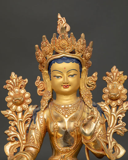 Nepalese Green Tara sculpture spiritual altar art in gold gilded .details. 