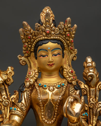 Nepalese Green Tara statue featuring Abhaya Mudra for protection and fearlessness