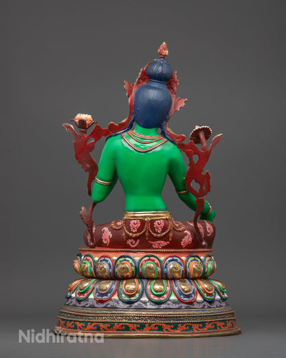 Nepalese Green Tara statue handcrafted by Newari artisans for Buddhist altar.