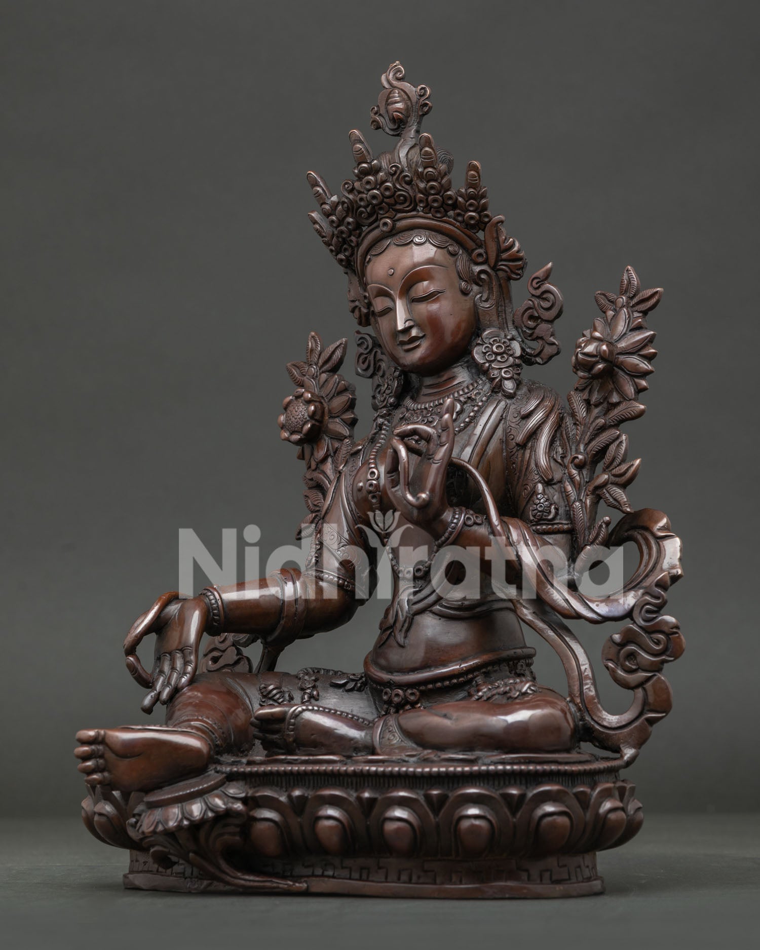 Nepalese Green Tara Statue showing flowing robe and detailed Newari craftsmanship.