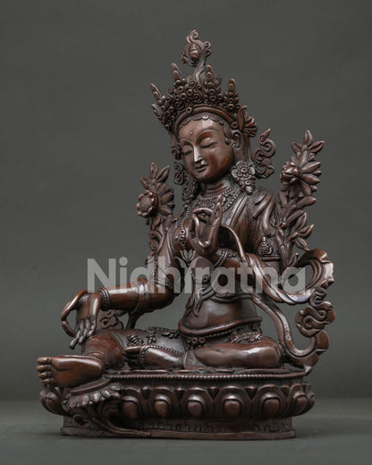 Nepalese Green Tara Statue showing flowing robe and detailed Newari craftsmanship.