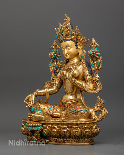 Nepalese Green Tara statue with five jewel crown and semi precious stones.