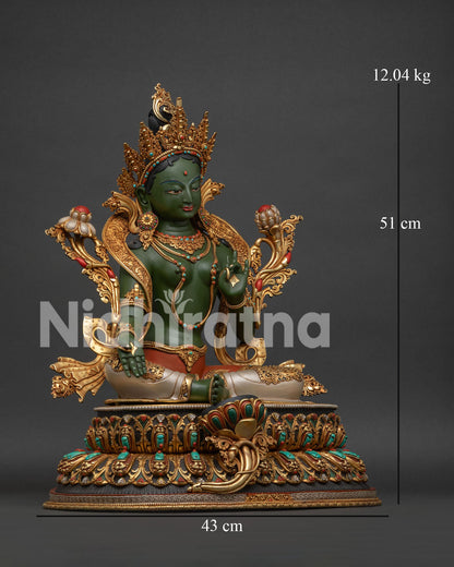 Nepalese Green Tara Tibetan Buddhist statue right side with gold-gilded decorative elements and lotus pedestal