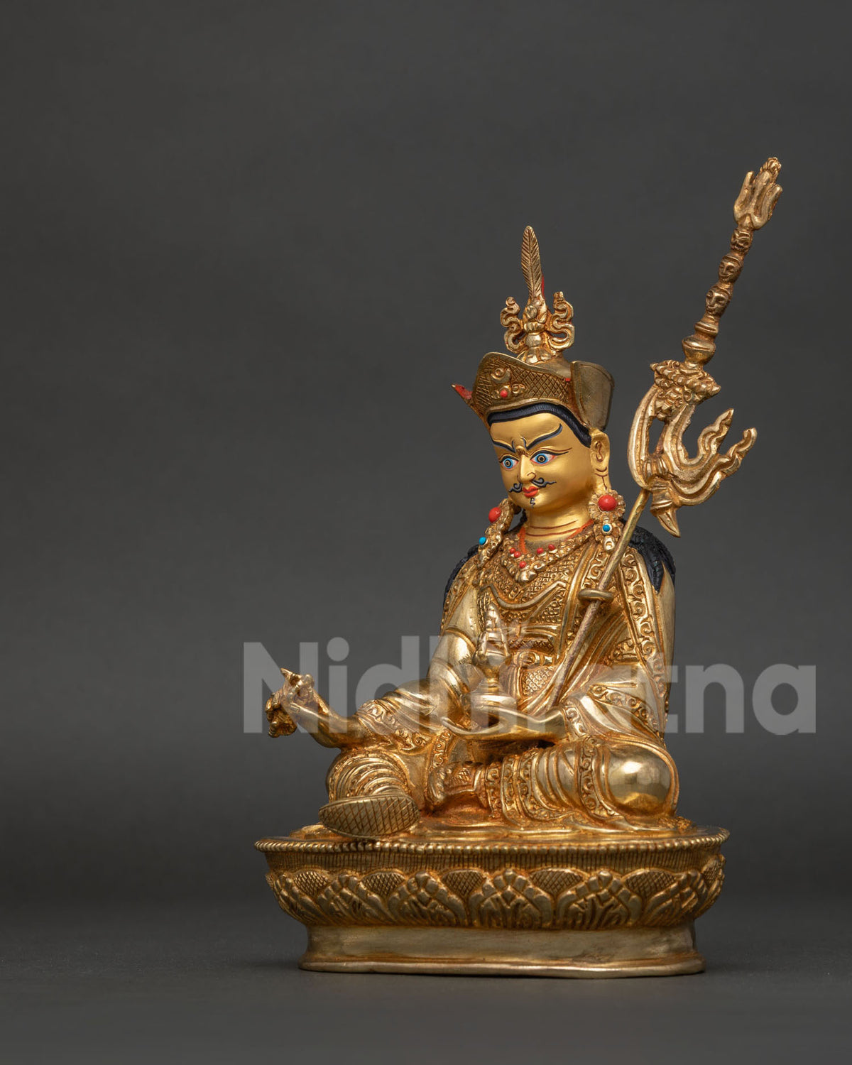Nepalese Guru Rinpoche statue handcarved lotus pedestal floral garment.