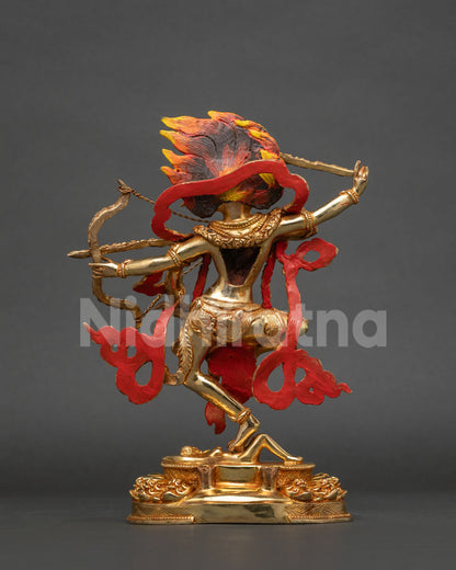 Nepalese kurukulla buddha statue with radiant gold finish and dramatic flame and skull halo.