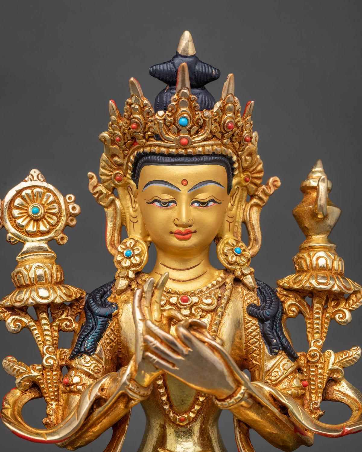 Nepalese Maitreya Buddha Statue with Dharma Chakra Mudra and gold painted face