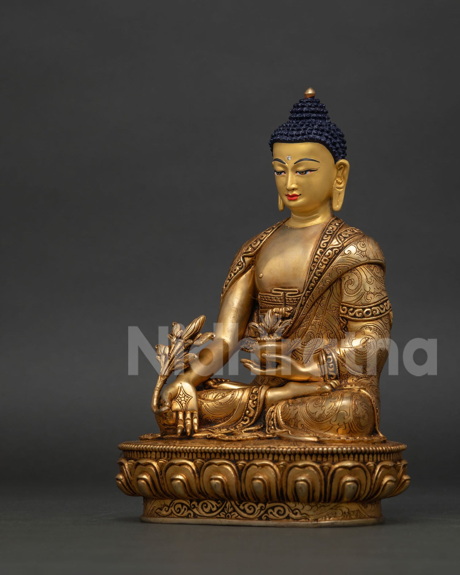 Nepalese Medicine Buddha sculpture with gold gilding, myrobalan plant and lotus pedestal.