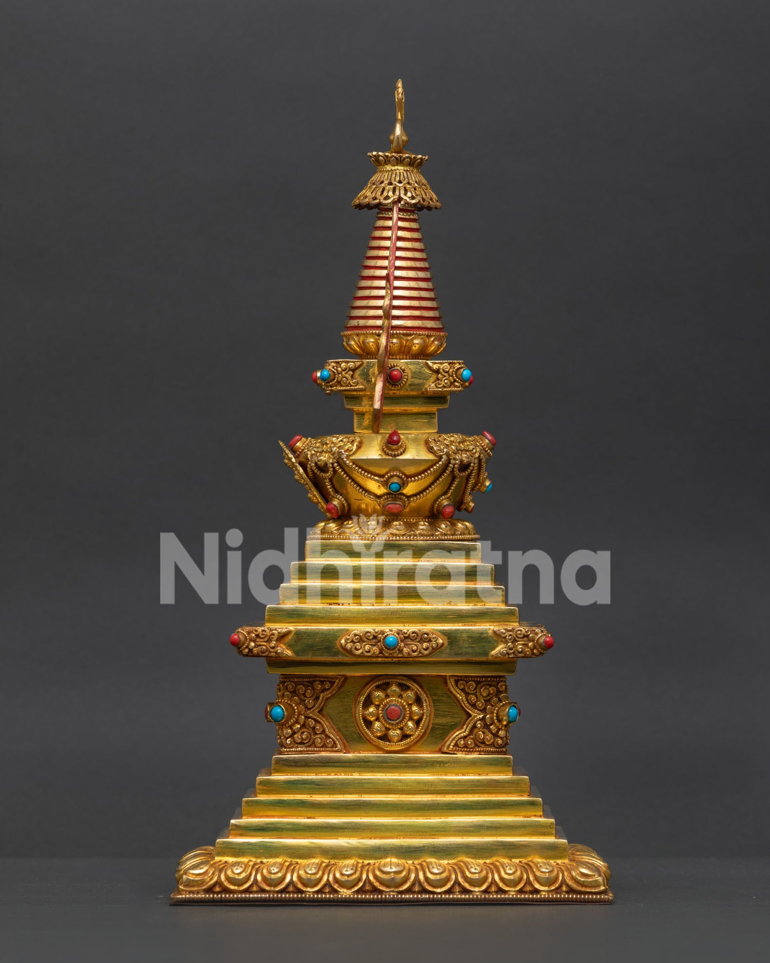 Nepalese sacred stupa featuring intricate Himalayan craftsmanship and gemstone details