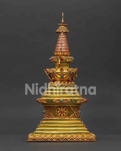 Nepalese sacred stupa featuring intricate Himalayan craftsmanship and gemstone details