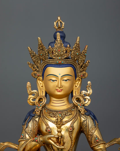 Nepalese Vajrasattva Buddha Statue with Gold Painted Face Semi Precious Stones and Floral Carvings
