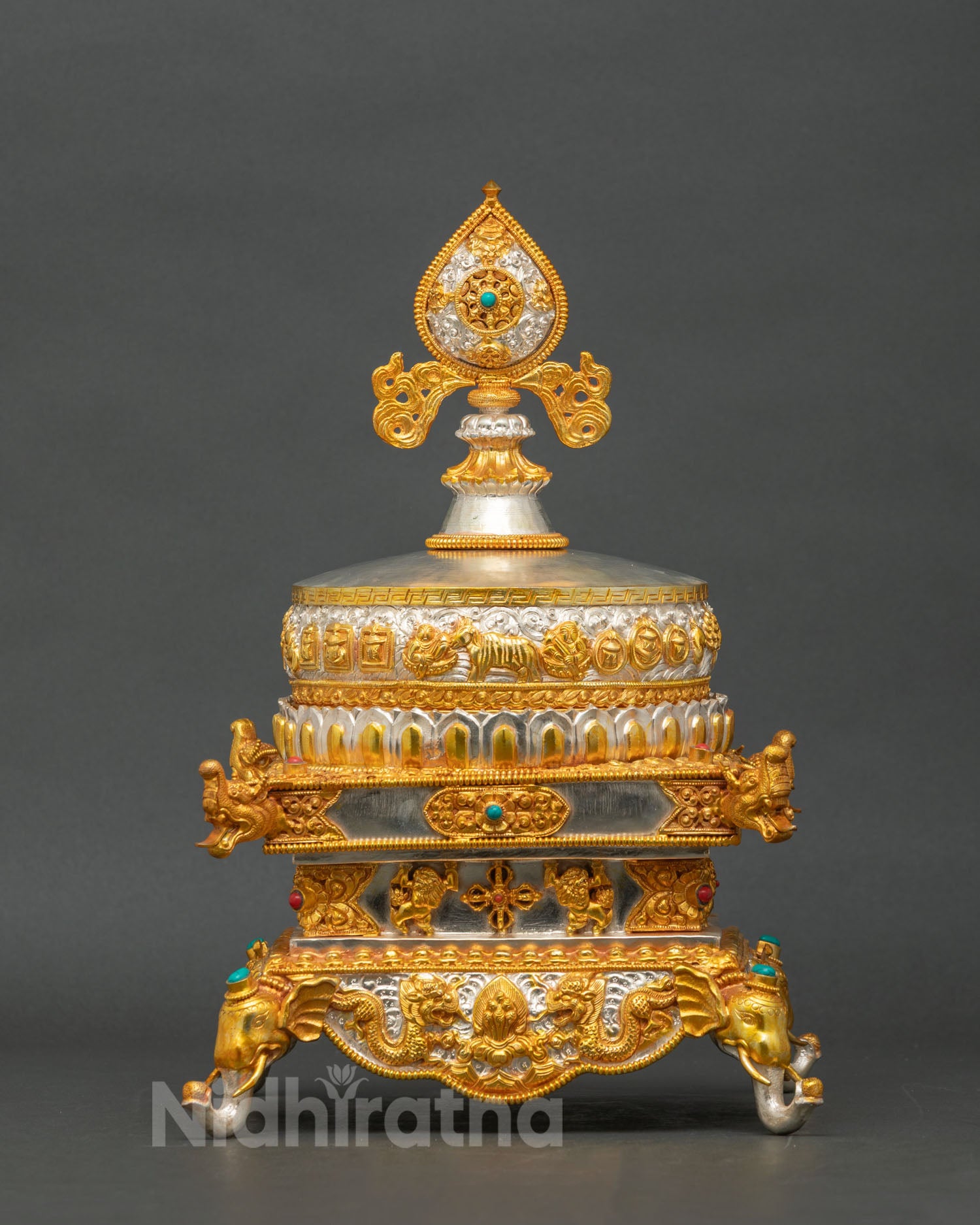 Nepali copper Mandala Offering Set with intricate carvings and auspicious symbols