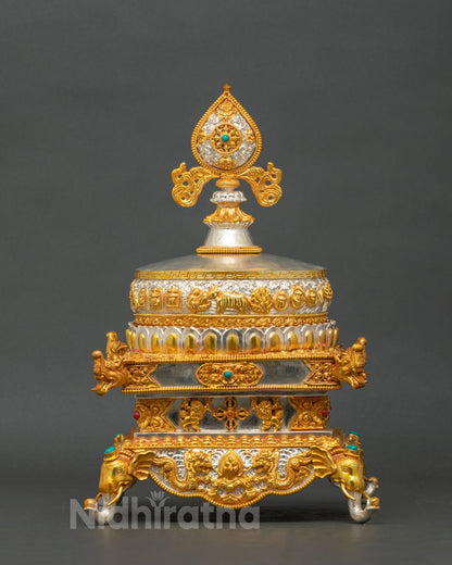 Nepali copper Mandala Offering Set with intricate carvings and auspicious symbols