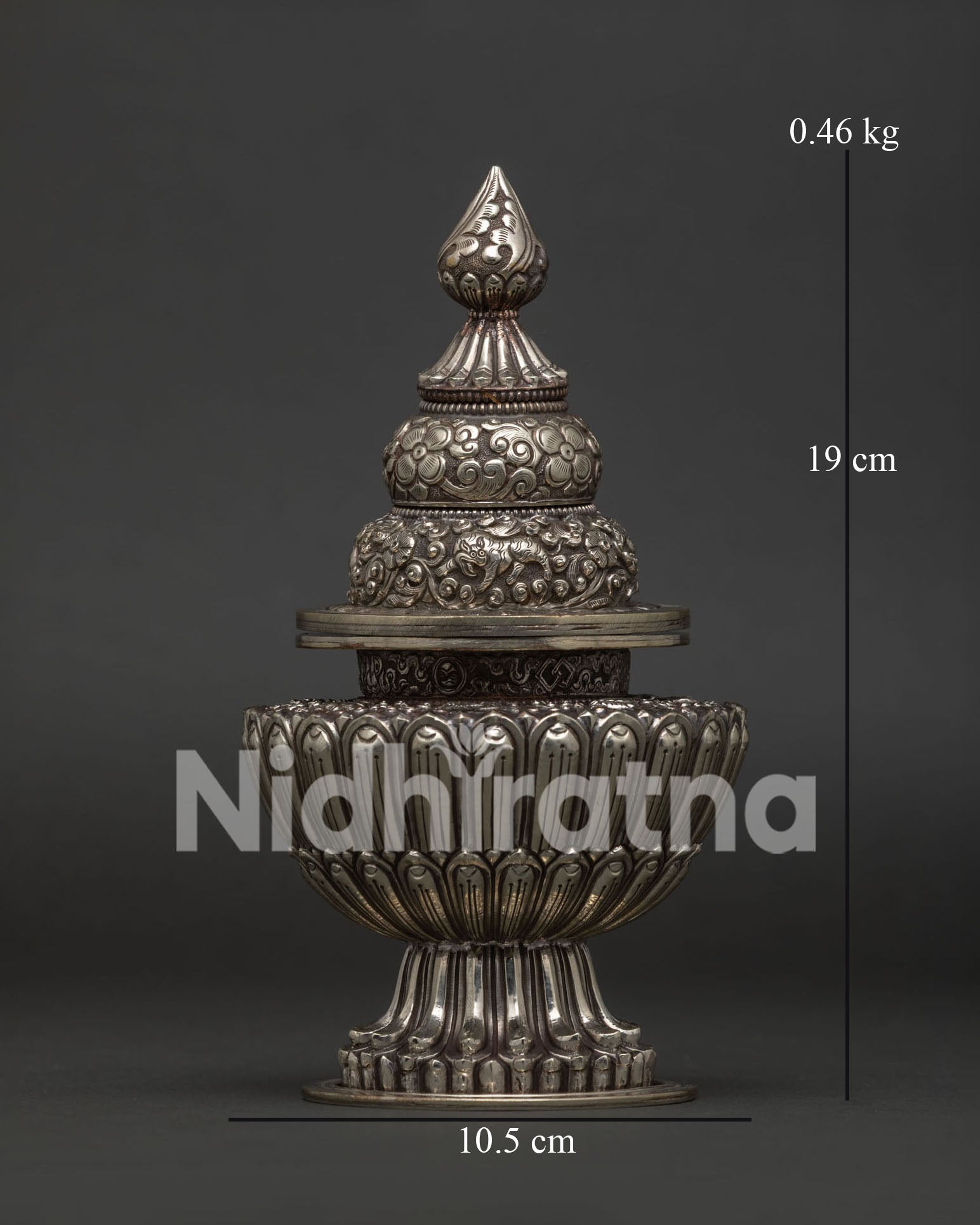 Neshi Rice Pot in silver plated copper with Buddhist engravings from Nepal