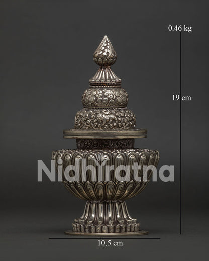 Neshi Rice Pot in silver plated copper with Buddhist engravings from Nepal