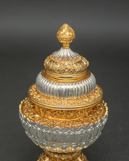 Neshi rice pot sacred buddhist ceremonial vessel gold silver plated altar offering rice pot himalayan art