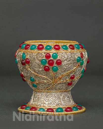 Neshi Rice Pot with gold plated copper silver filigree and semi precious stones