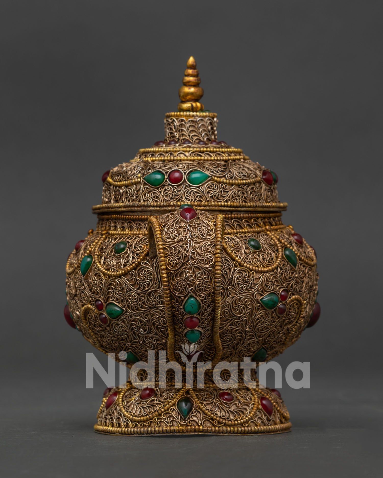 Newari Artisan Made Copper Teapot with Hand Set Gemstone Details
