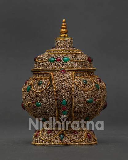 Newari Artisan Made Copper Teapot with Hand Set Gemstone Details