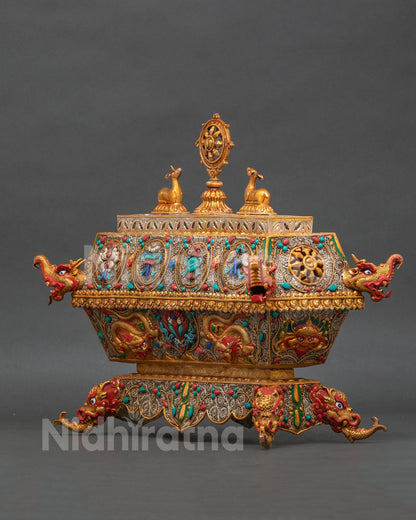 Newari Buddhist incense burner from Patan Nepal with Dharma Wheel and deer lid motif.